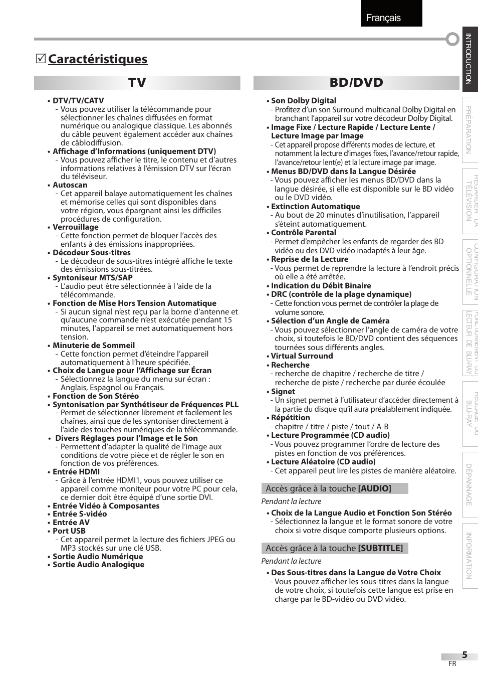 Français, 5 caractéristiques, Tv bd/dvd | Sylvania LD427SSX User Manual | Page 64 / 176