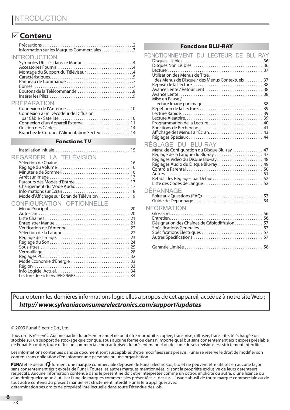 Ntroduction, Introduction, Préparation | Regarder la télévision, Configuration optionnelle, Fonctionnement du lecteur de blu-ray, Réglage du blu-ray, Dépannage, Information, 5 contenu | Sylvania LD427SSX User Manual | Page 65 / 176