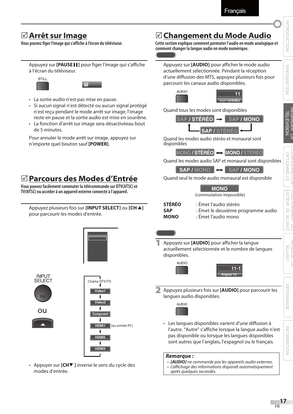 Français, 5 arrêt sur image, 5 parcours des modes d’entrée | 5 changement du mode audio | Sylvania LD427SSX User Manual | Page 76 / 176