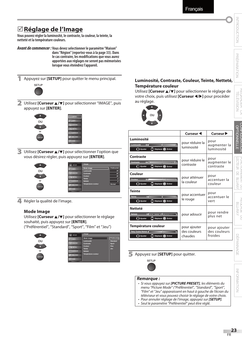 Français, 5 réglage de l’image, Avant de commencer | Mode image, Remarque, Appuyez sur [setup] pour quitter le menu principal, Régler la qualité de l’image, Appuyez sur [setup] pour quitter | Sylvania LD427SSX User Manual | Page 82 / 176