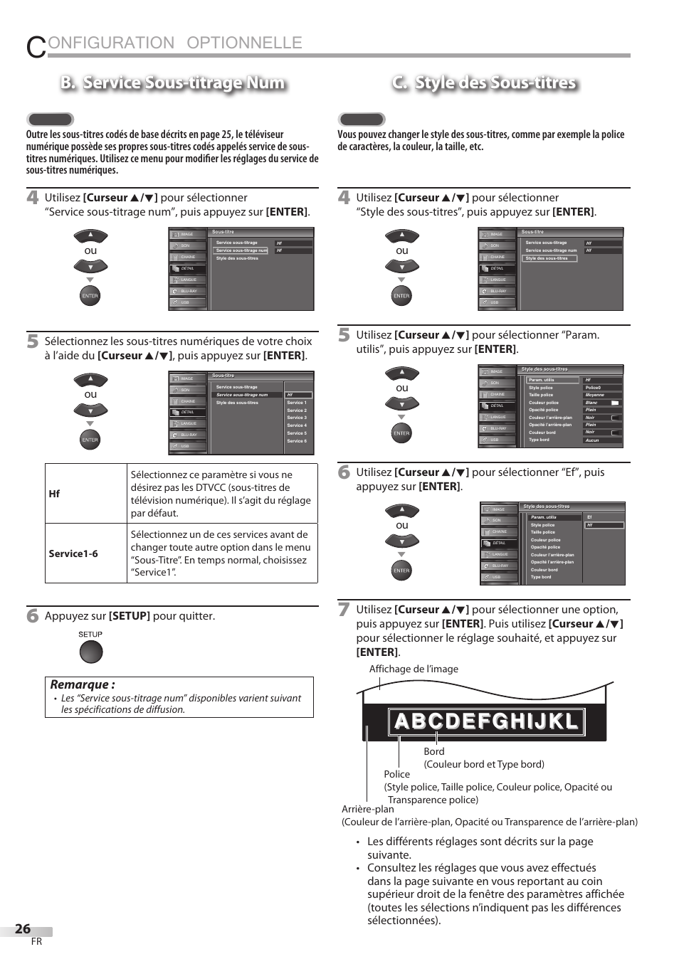 Onfiguration optionnelle, B. service sous-titrage num, C. style des sous-titres | Remarque, Appuyez sur [setup] pour quitter | Sylvania LD427SSX User Manual | Page 85 / 176