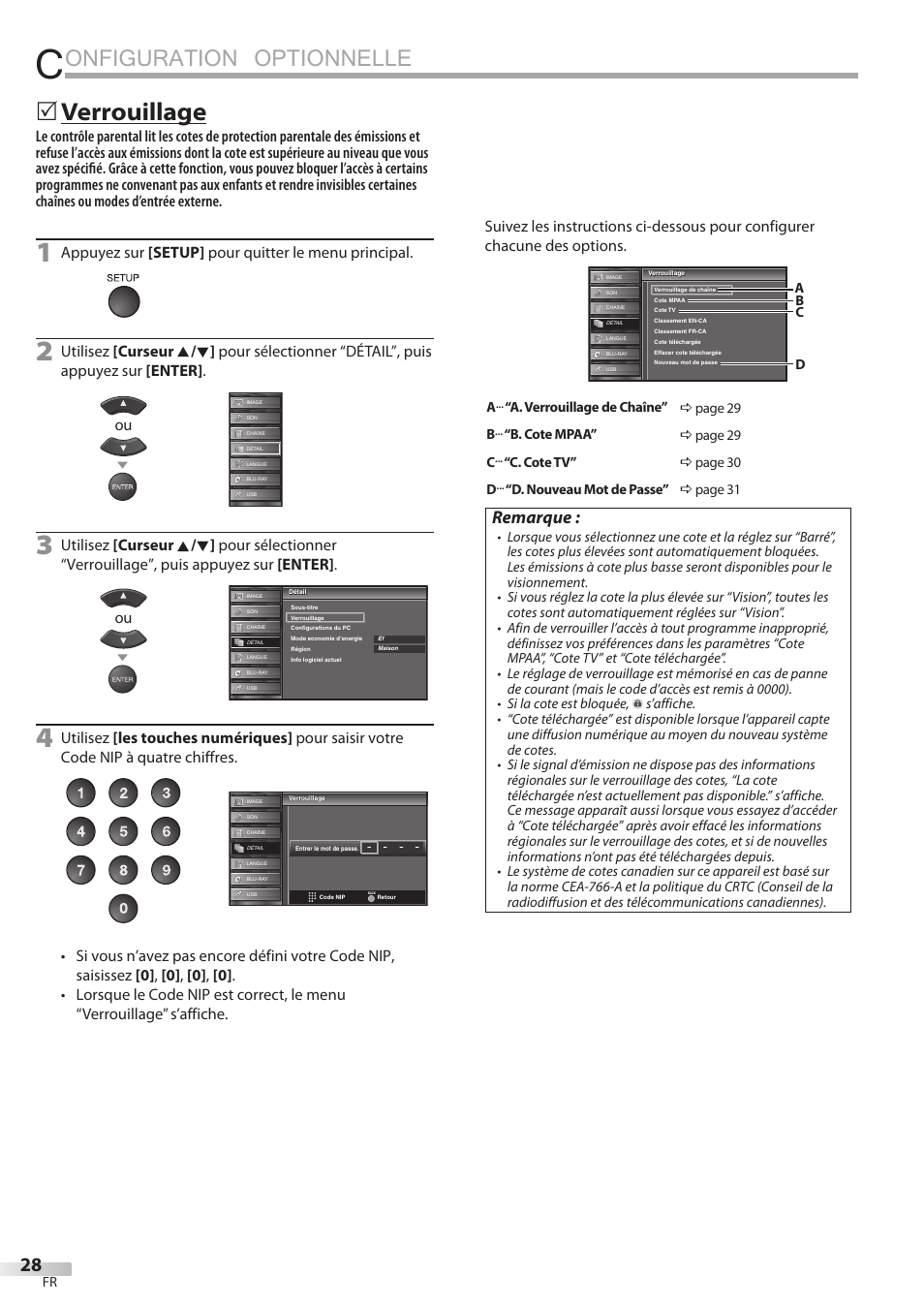 Onfiguration optionnelle, 5 verrouillage, Remarque | Appuyez sur [setup] pour quitter le menu principal | Sylvania LD427SSX User Manual | Page 87 / 176