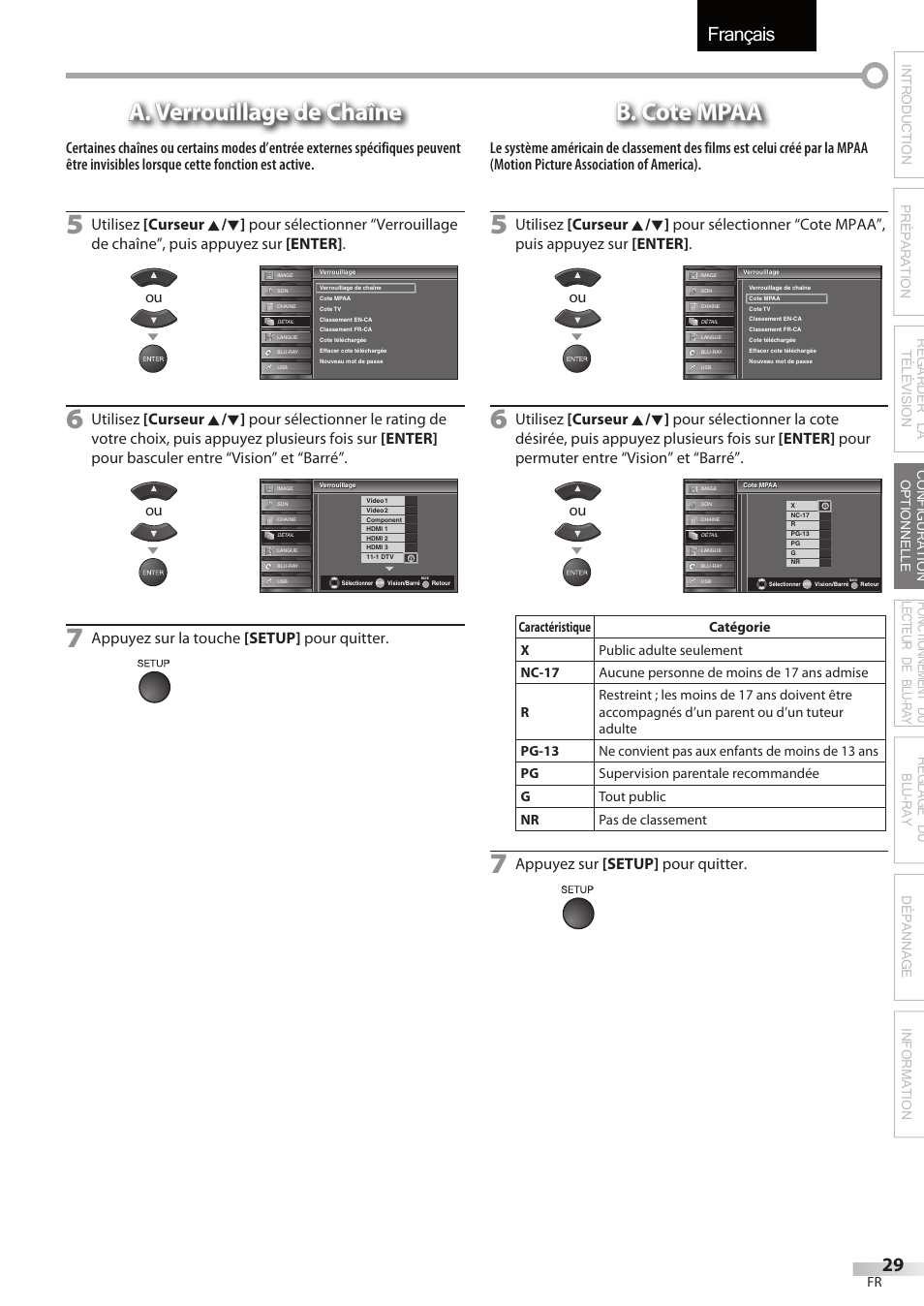 Français, A. verrouillage de chaîne, B. cote mpaa | Appuyez sur la touche [setup] pour quitter, Appuyez sur [setup] pour quitter | Sylvania LD427SSX User Manual | Page 88 / 176