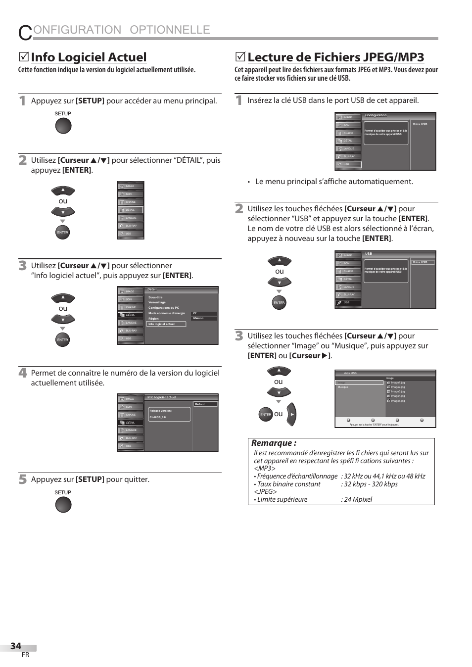 Onfiguration optionnelle, 5 info logiciel actuel, 5 lecture de fichiers jpeg/mp3 | Remarque, Appuyez sur [setup] pour accéder au menu principal, Appuyez sur [setup] pour quitter, Le menu principal s’affiche automatiquement | Sylvania LD427SSX User Manual | Page 93 / 176