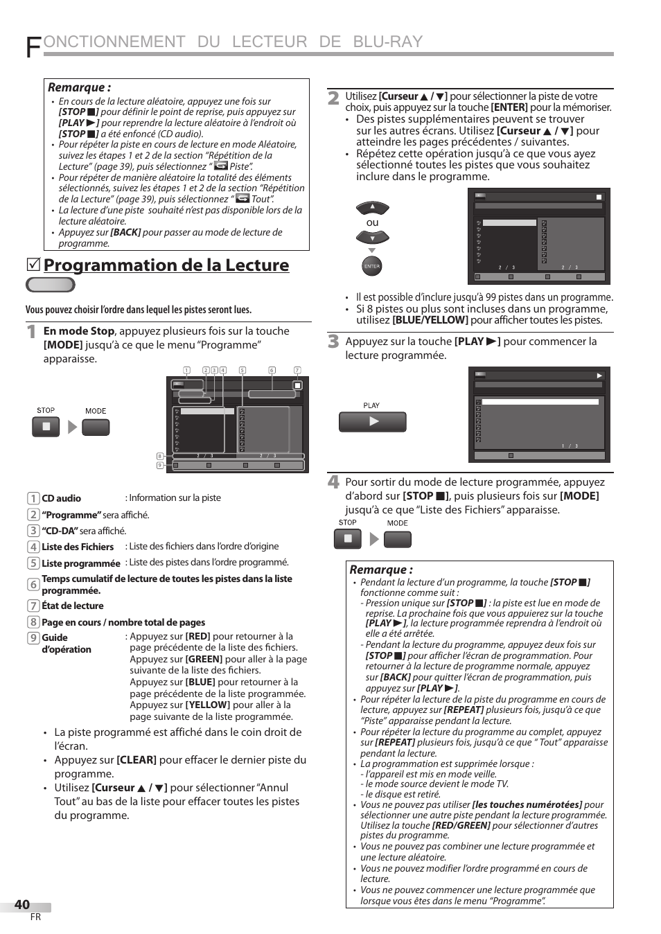 Onctionnement du lecteur de blu-ray, 5 programmation de la lecture, Remarque | Sylvania LD427SSX User Manual | Page 99 / 176