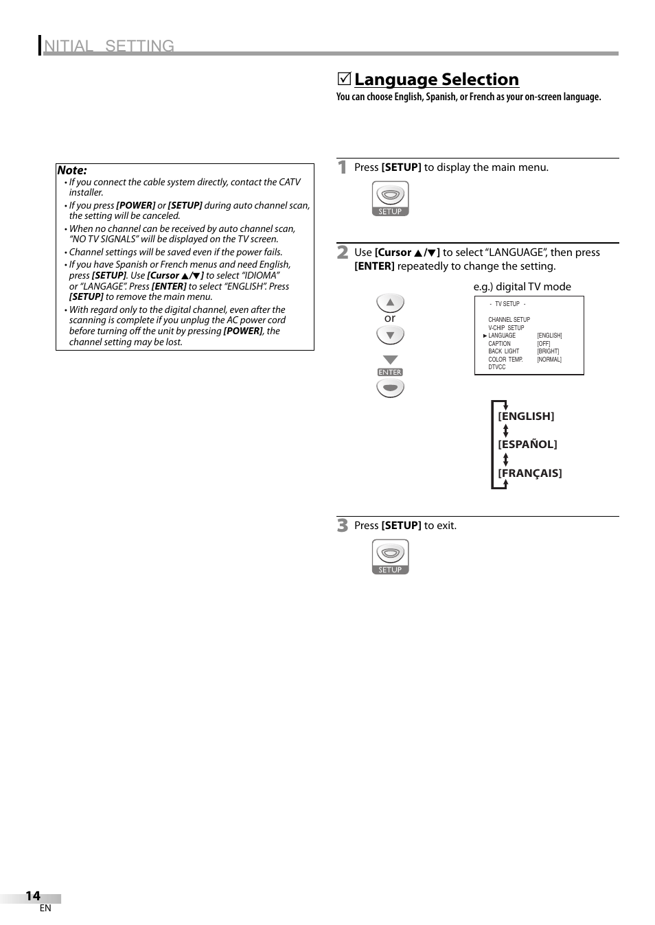 Nitial setting, Language selection | Sylvania LD200SL9 User Manual | Page 14 / 96