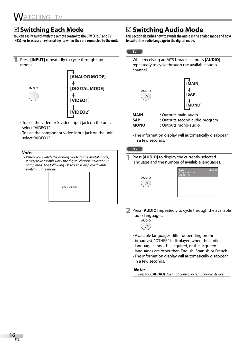 Atching tv, Switching each mode, 5switching audio mode | Sylvania LD200SL9 User Manual | Page 16 / 96