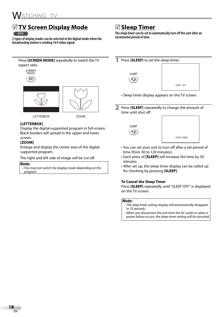 Atching tv, Tv screen display mode, 5sleep timer | Sylvania LD200SL9 User Manual | Page 18 / 96