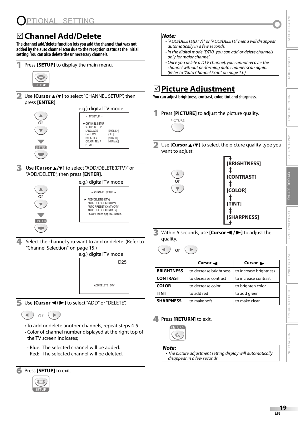 Ptional setting, Channel add/delete, Picture adjustment | Sylvania LD200SL9 User Manual | Page 19 / 96