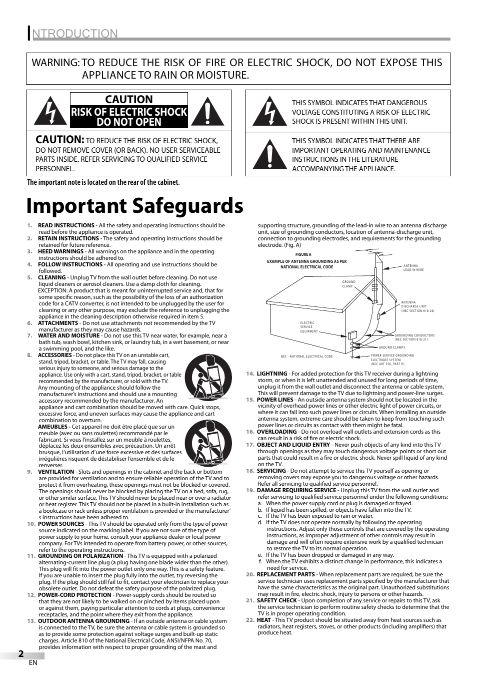 Important safeguards, Ntroduction, Caution | Caution risk of electric shock do not open | Sylvania LD200SL9 User Manual | Page 2 / 96