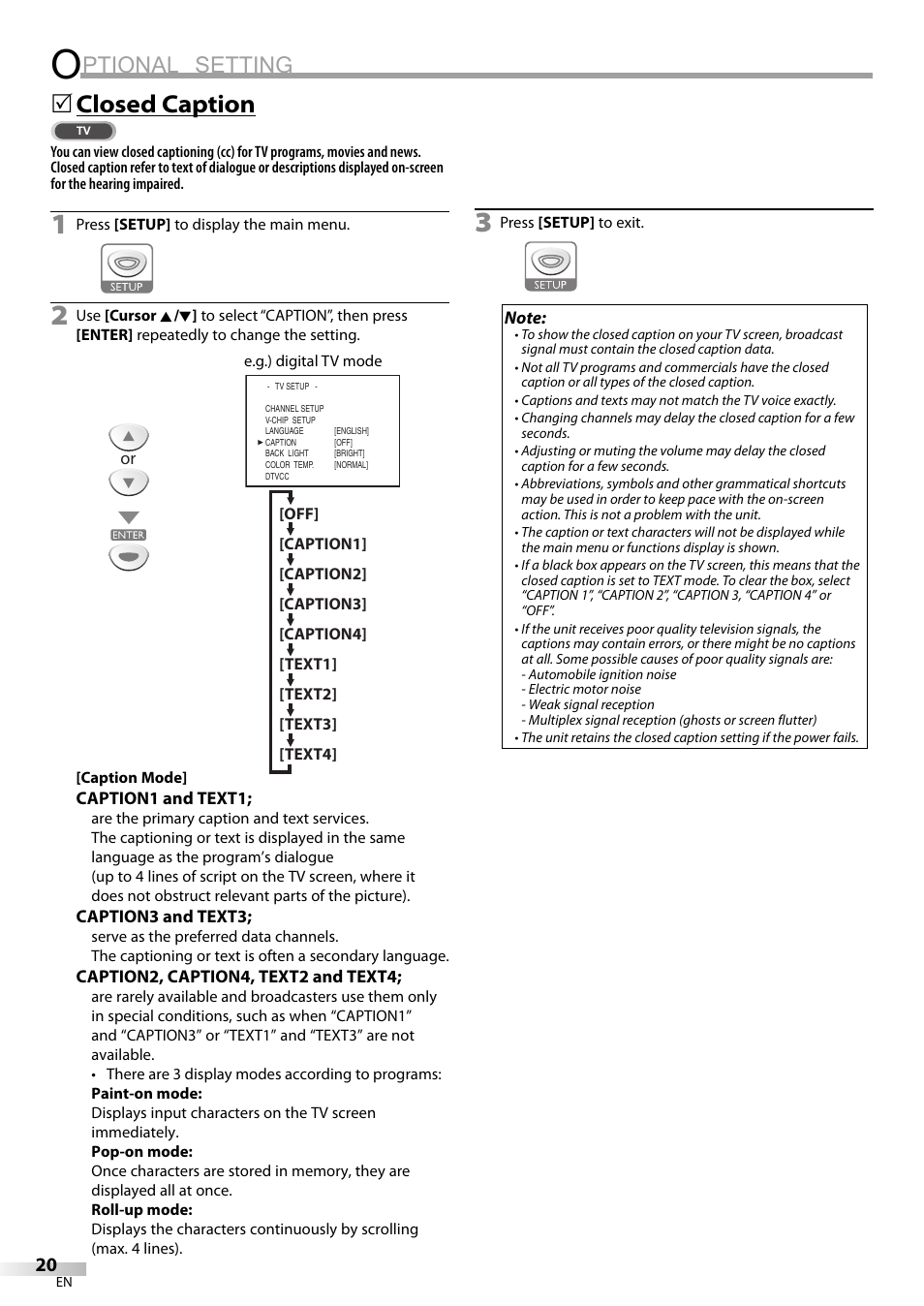 Ptional setting, Closed caption | Sylvania LD200SL9 User Manual | Page 20 / 96