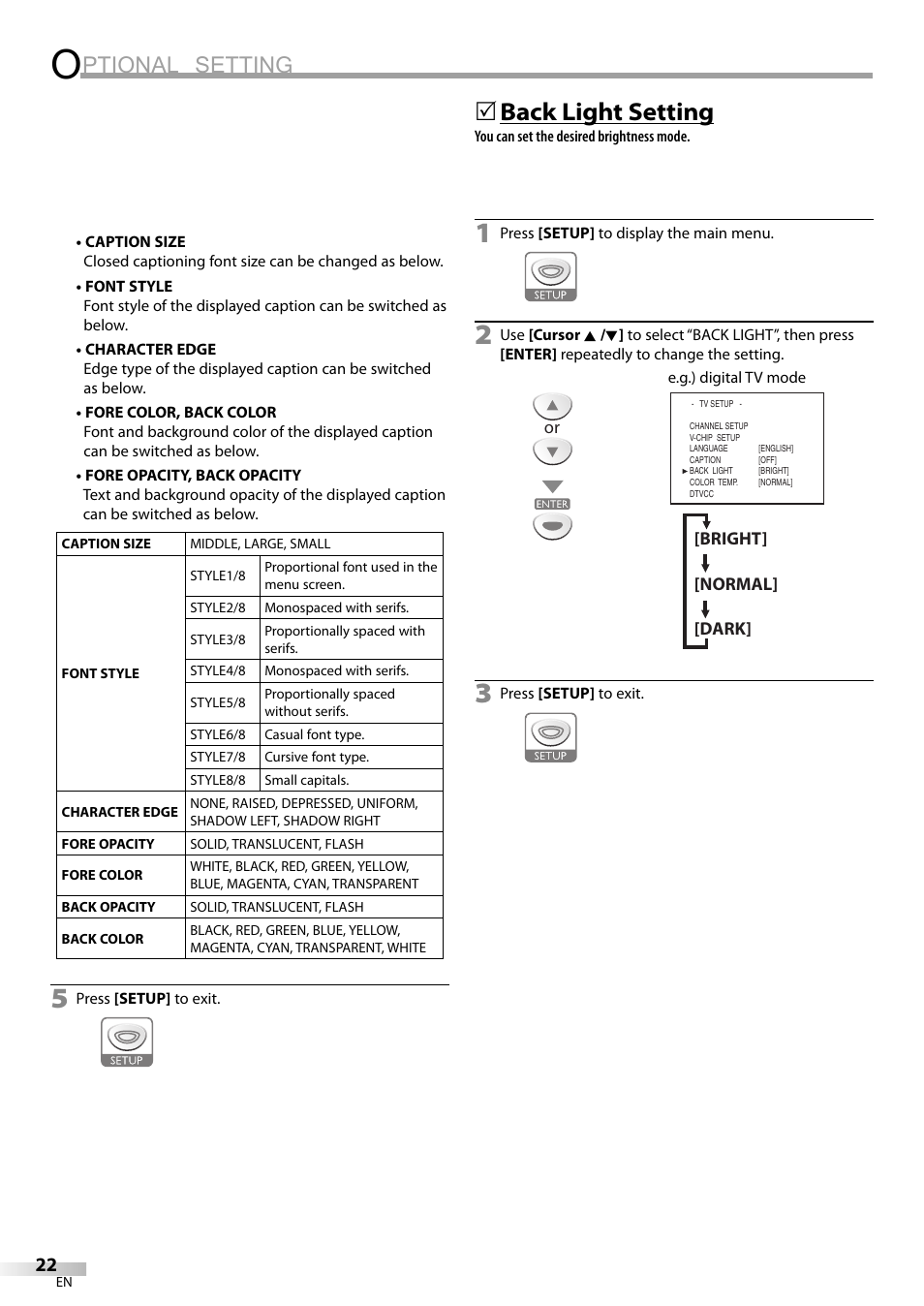 Ptional setting, Back light setting | Sylvania LD200SL9 User Manual | Page 22 / 96