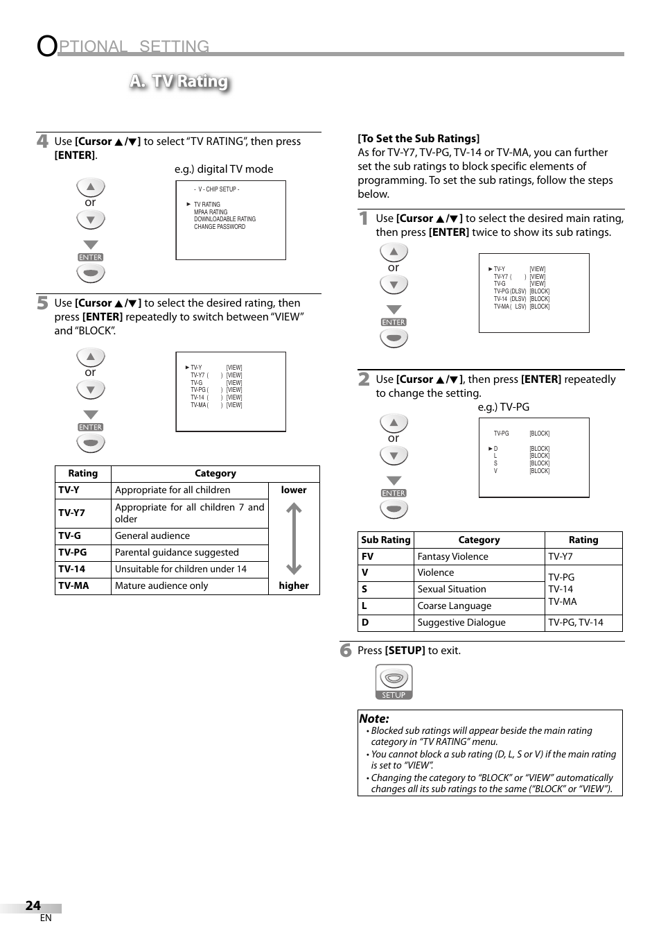 Ptional setting, A. tv rating | Sylvania LD200SL9 User Manual | Page 24 / 96