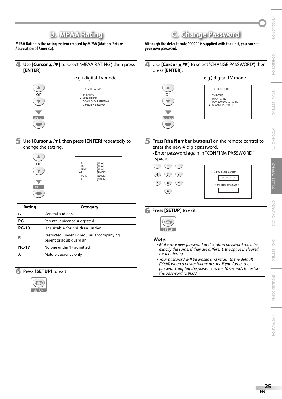 B. mpaa rating, C. change password | Sylvania LD200SL9 User Manual | Page 25 / 96