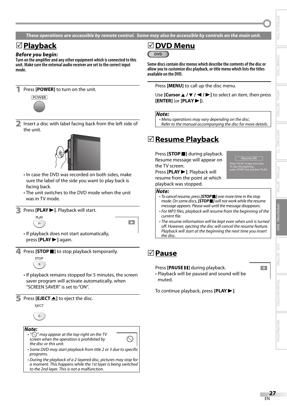 Playback, 5dvd menu, Resume playback | Pause | Sylvania LD200SL9 User Manual | Page 27 / 96