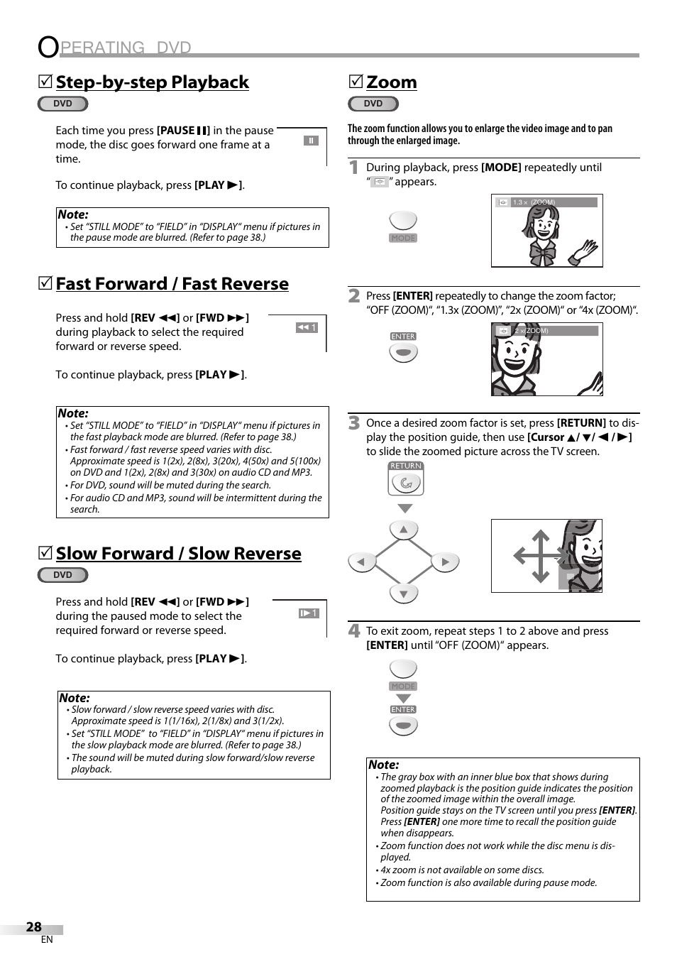 Perating dvd, Step-by-step playback, Fast forward / fast reverse | Slow forward / slow reverse, 5zoom | Sylvania LD200SL9 User Manual | Page 28 / 96