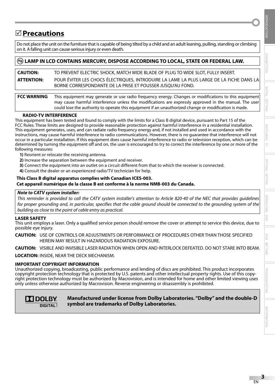 Precautions | Sylvania LD200SL9 User Manual | Page 3 / 96