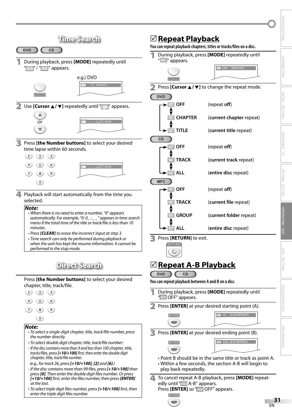 Time search, Direct search, Repeat playback | Repeat a-b playback | Sylvania LD200SL9 User Manual | Page 31 / 96