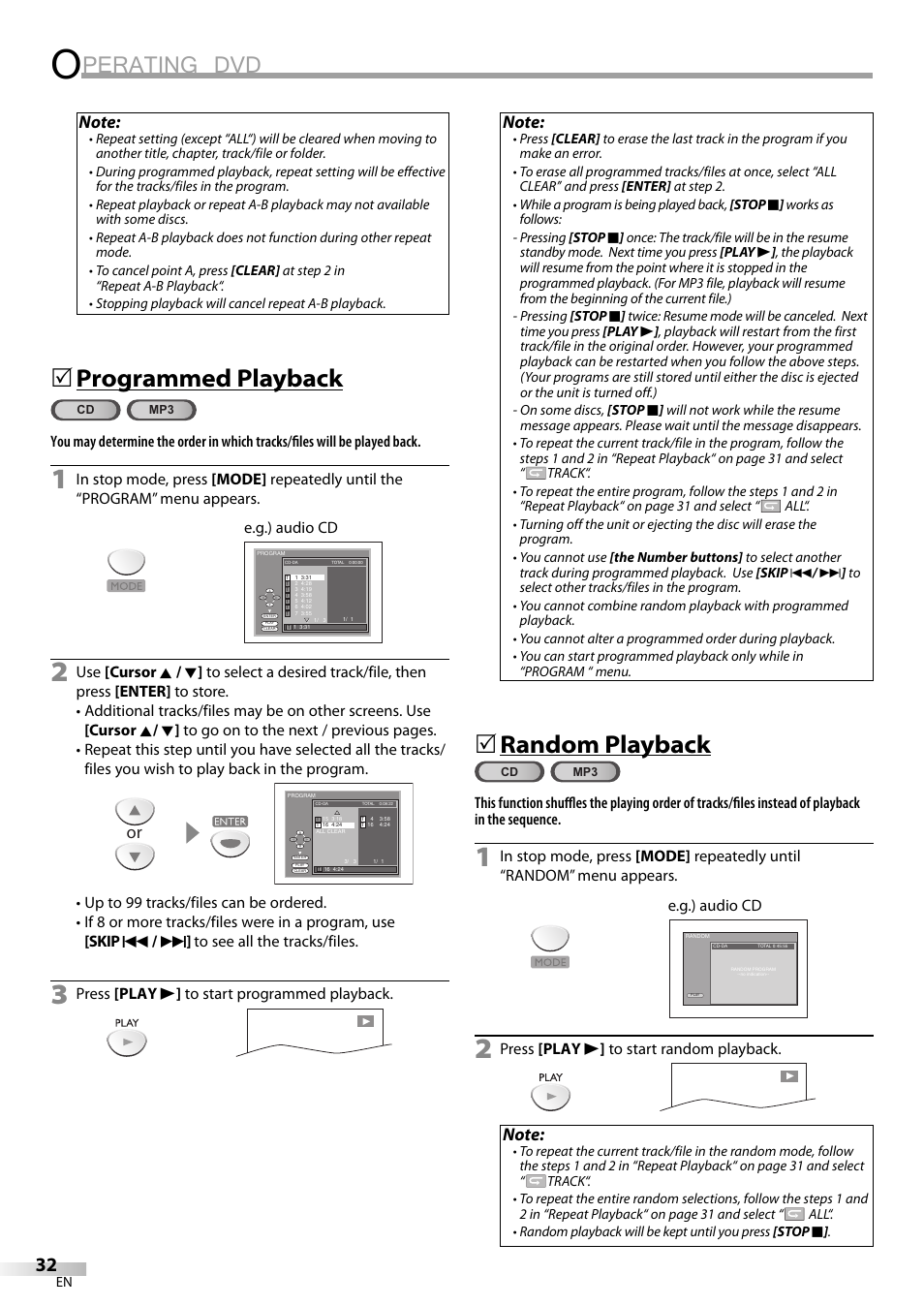 Perating dvd, Programmed playback, Random playback | Sylvania LD200SL9 User Manual | Page 32 / 96