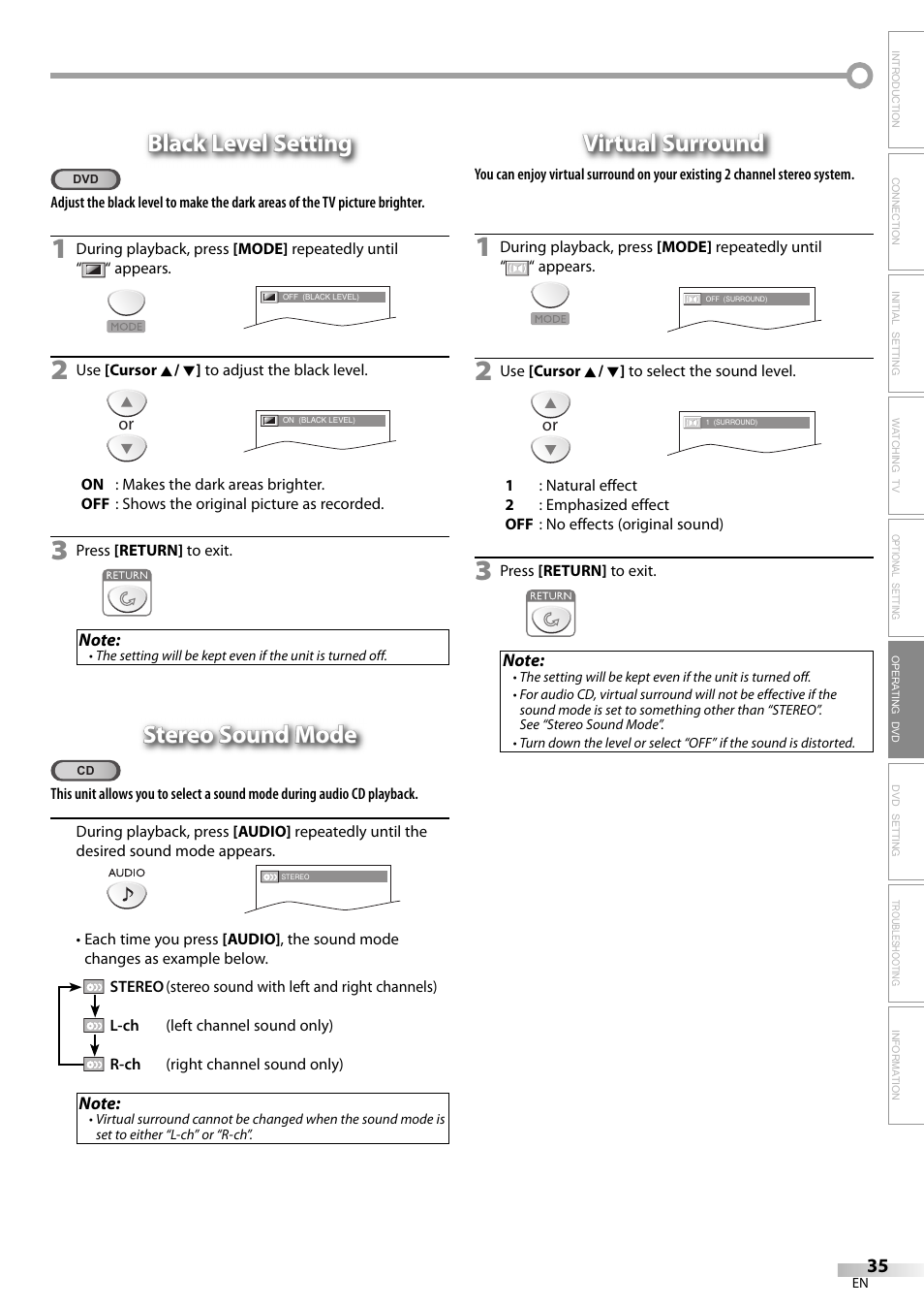 Black level setting, Stereo sound mode, Virtual surround | Sylvania LD200SL9 User Manual | Page 35 / 96