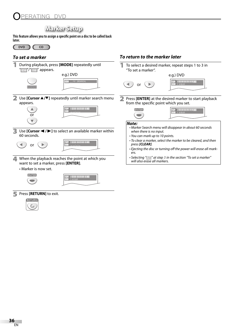 Perating dvd, Marker setup | Sylvania LD200SL9 User Manual | Page 36 / 96