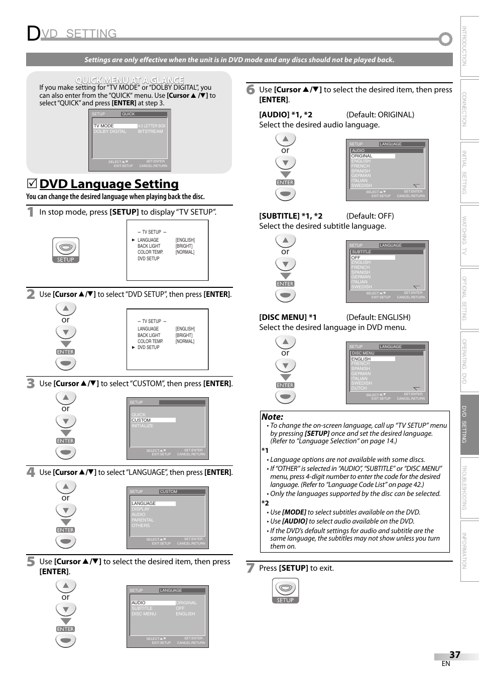 Vd setting, Dvd language setting, Quick menu at a glance | Sylvania LD200SL9 User Manual | Page 37 / 96