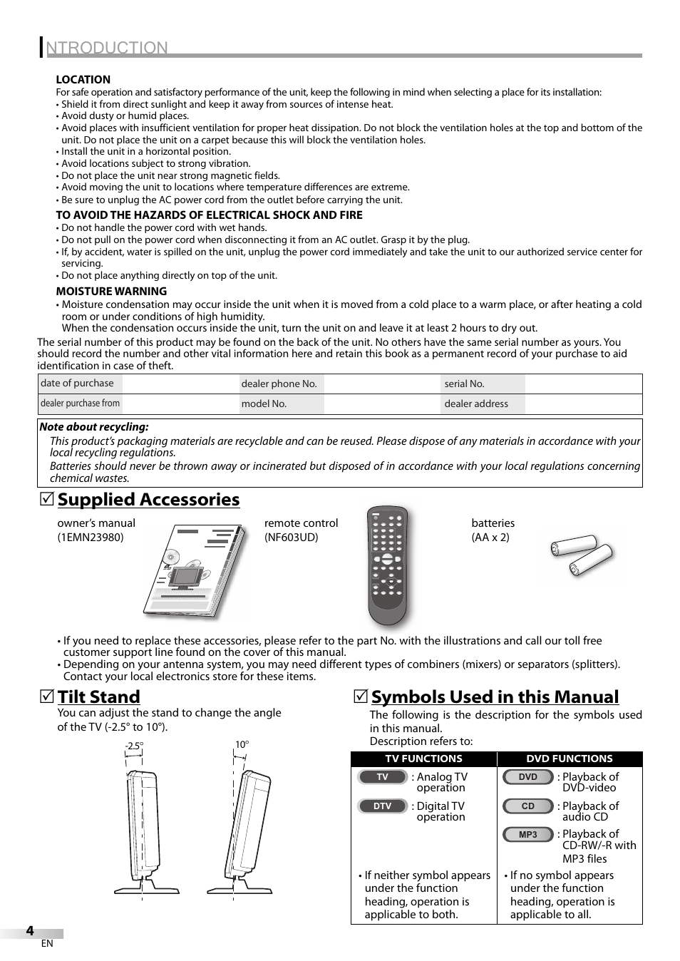 Ntroduction, Supplied accessories 5, Tilt stand | 5symbols used in this manual 5 | Sylvania LD200SL9 User Manual | Page 4 / 96