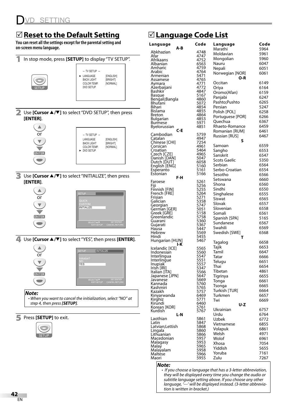 Vd setting, Reset to the default setting, 5language code list | Sylvania LD200SL9 User Manual | Page 42 / 96