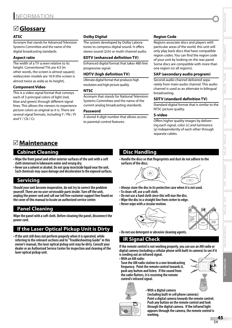 Nformation, Maintenance 5 glossary 5, Cabinet cleaning | Servicing, Panel cleaning, If the laser optical pickup unit is dirty, Disc handling, Ir signal check | Sylvania LD200SL9 User Manual | Page 45 / 96