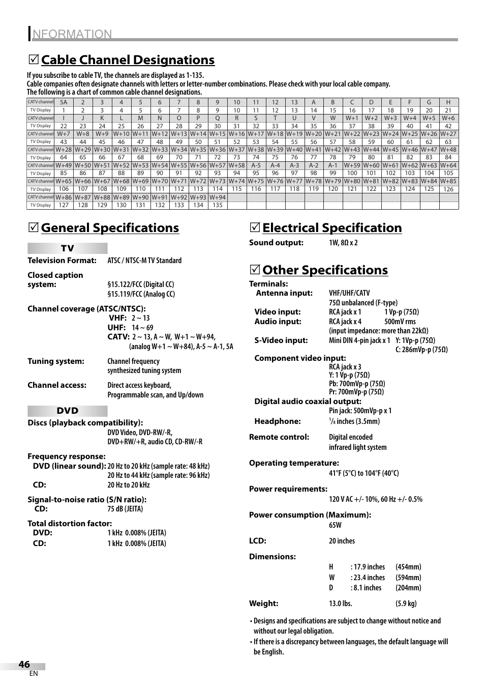 Nformation, 5electrical specification, Other specifications | Sylvania LD200SL9 User Manual | Page 46 / 96