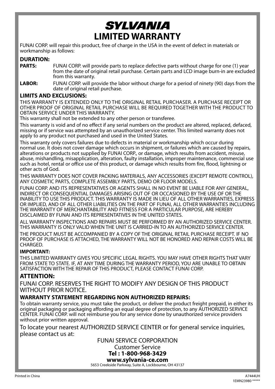 Limited warranty | Sylvania LD200SL9 User Manual | Page 48 / 96