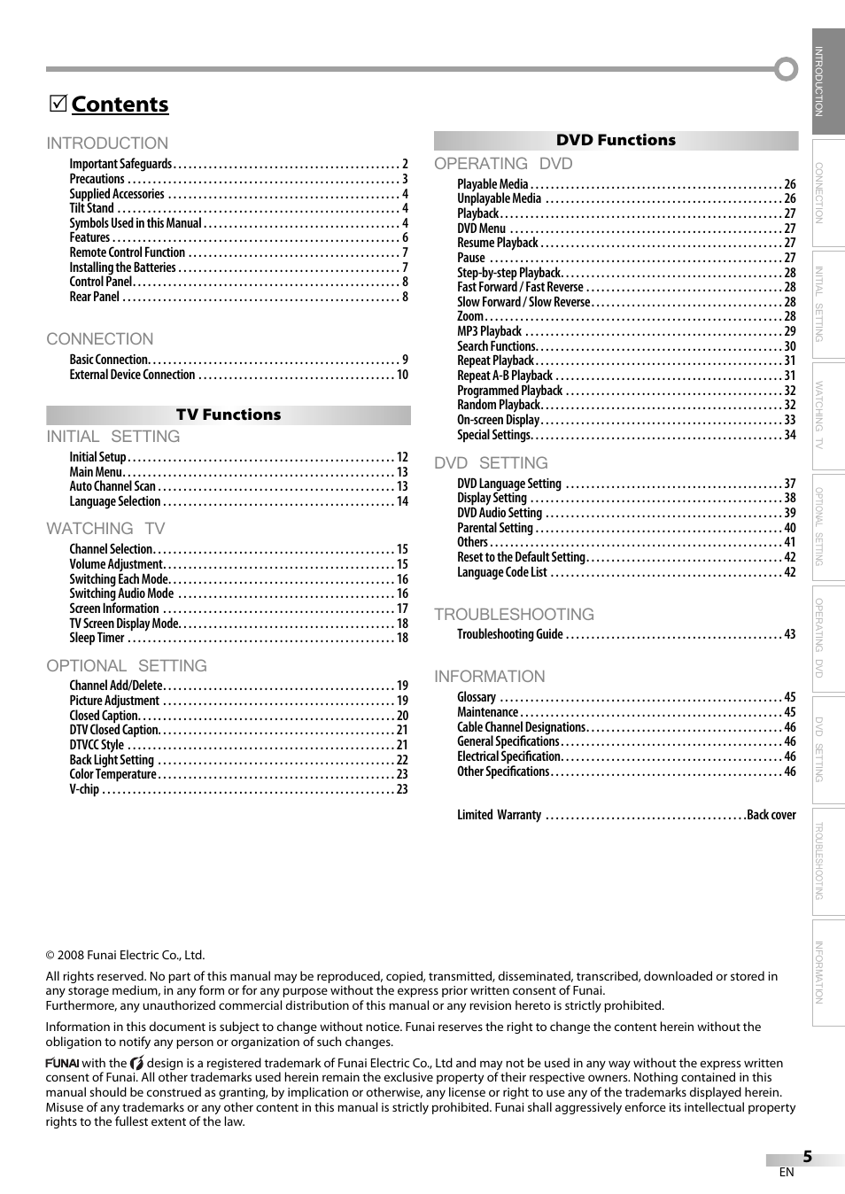 Introduction, Connection, Initial setting | Watching tv, Optional setting, Operating dvd, Dvd setting, Troubleshooting, Information, Contents 5 | Sylvania LD200SL9 User Manual | Page 5 / 96