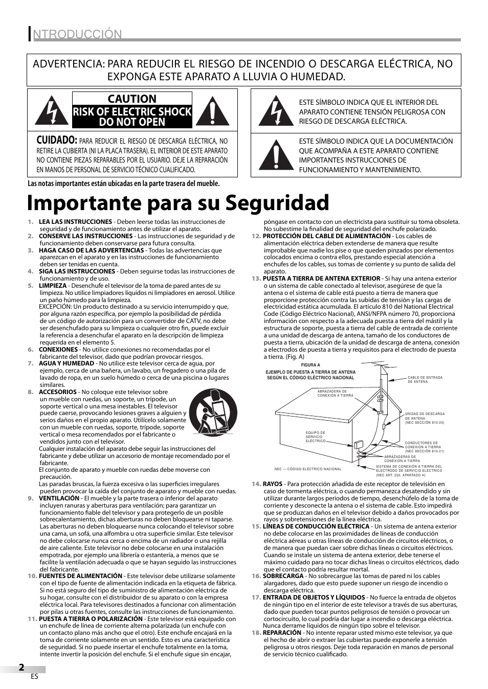 Importante para su seguridad, Ntroducción, Cuidado | Caution risk of electric shock do not open | Sylvania LD200SL9 User Manual | Page 50 / 96