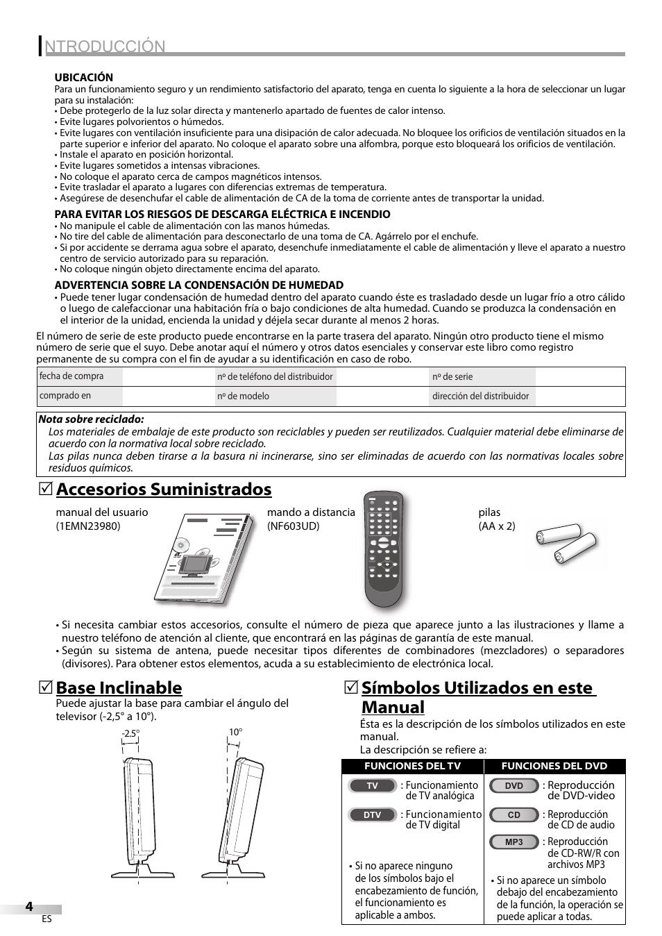 Ntroducción, Accesorios suministrados 5, Base inclinable | 5símbolos utilizados en este manual 5 | Sylvania LD200SL9 User Manual | Page 52 / 96