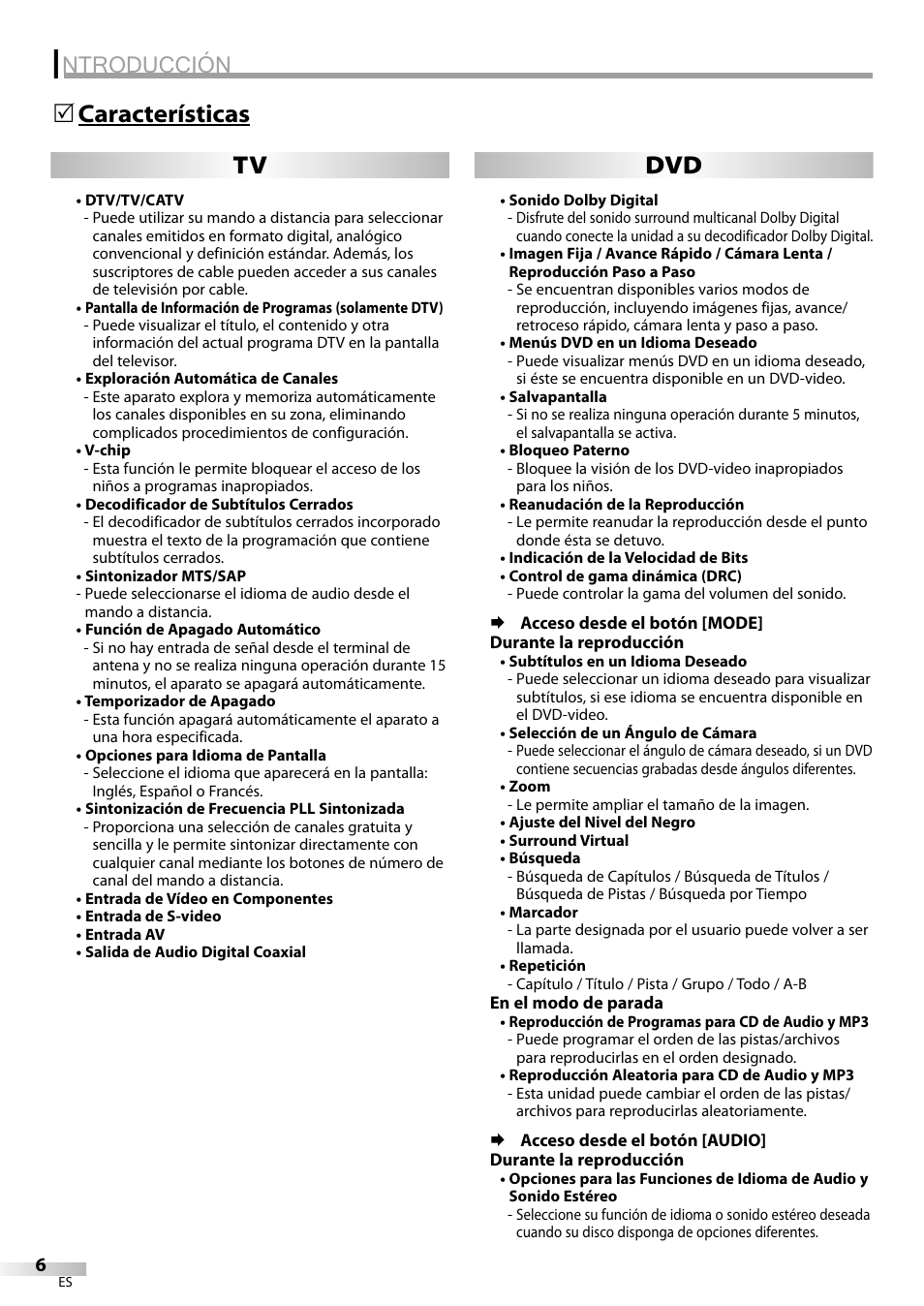 Ntroducción, Características 5 tv dvd | Sylvania LD200SL9 User Manual | Page 54 / 96