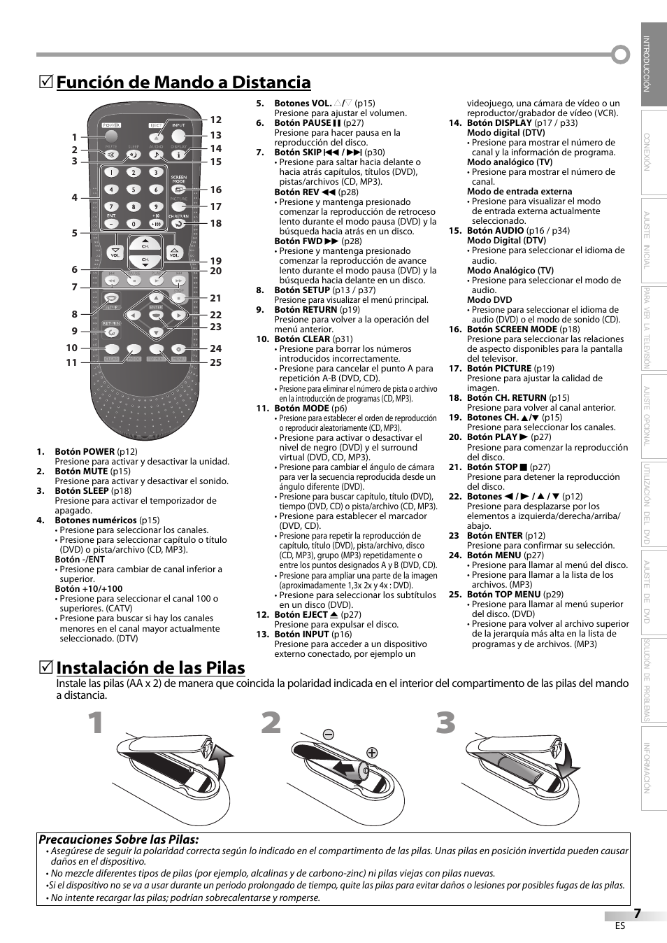 Instalación de las pilas, Precauciones sobre las pilas | Sylvania LD200SL9 User Manual | Page 55 / 96