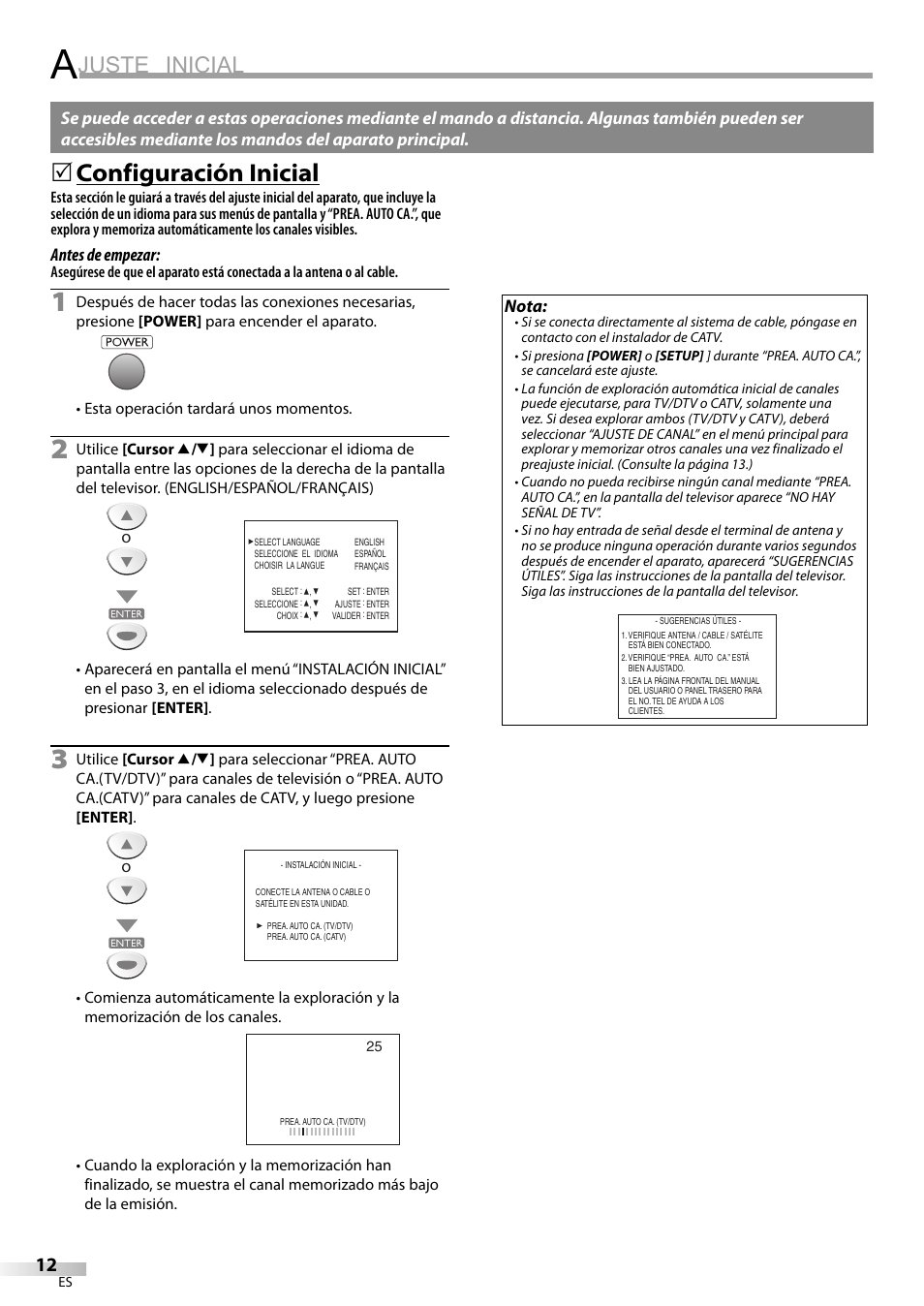 Juste inicial, Configuración inicial | Sylvania LD200SL9 User Manual | Page 60 / 96