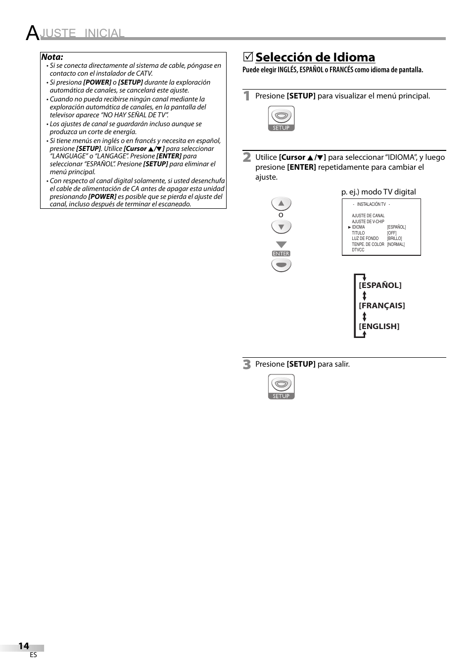 Juste inicial, Selección de idioma | Sylvania LD200SL9 User Manual | Page 62 / 96