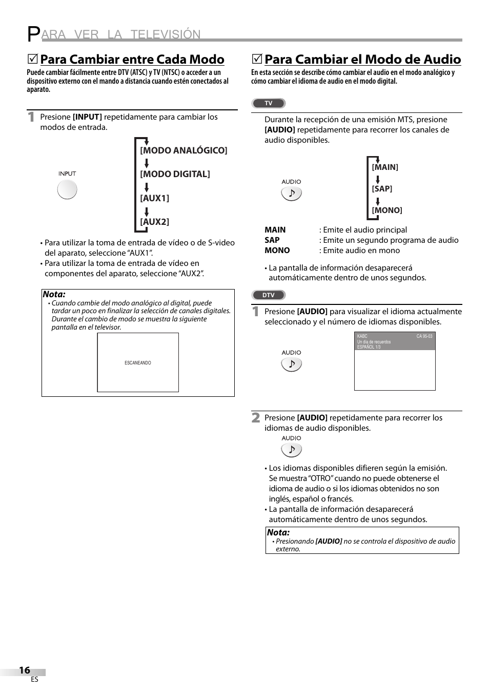 Ara ver la televisión, Para cambiar entre cada modo, 5para cambiar el modo de audio | Sylvania LD200SL9 User Manual | Page 64 / 96