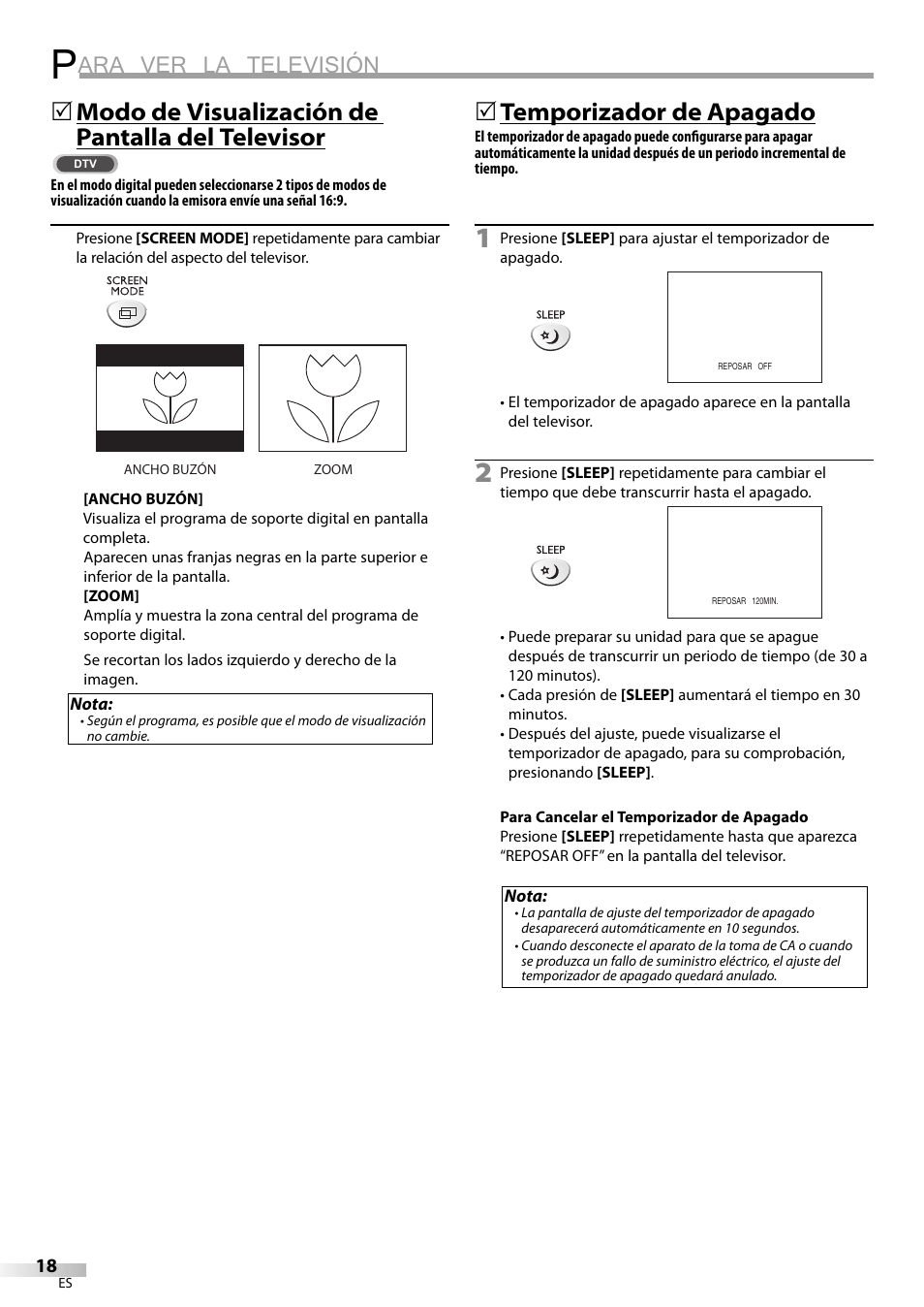 Ara ver la televisión, Modo de visualización de pantalla del televisor, 5temporizador de apagado | Sylvania LD200SL9 User Manual | Page 66 / 96