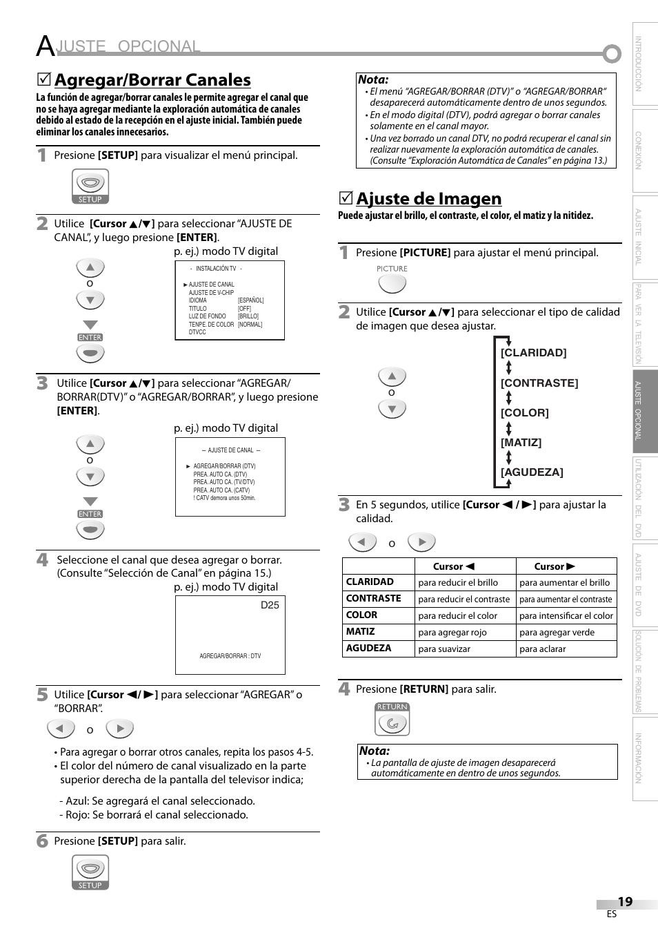 Juste opcional, Agregar/borrar canales, Ajuste de imagen | Sylvania LD200SL9 User Manual | Page 67 / 96