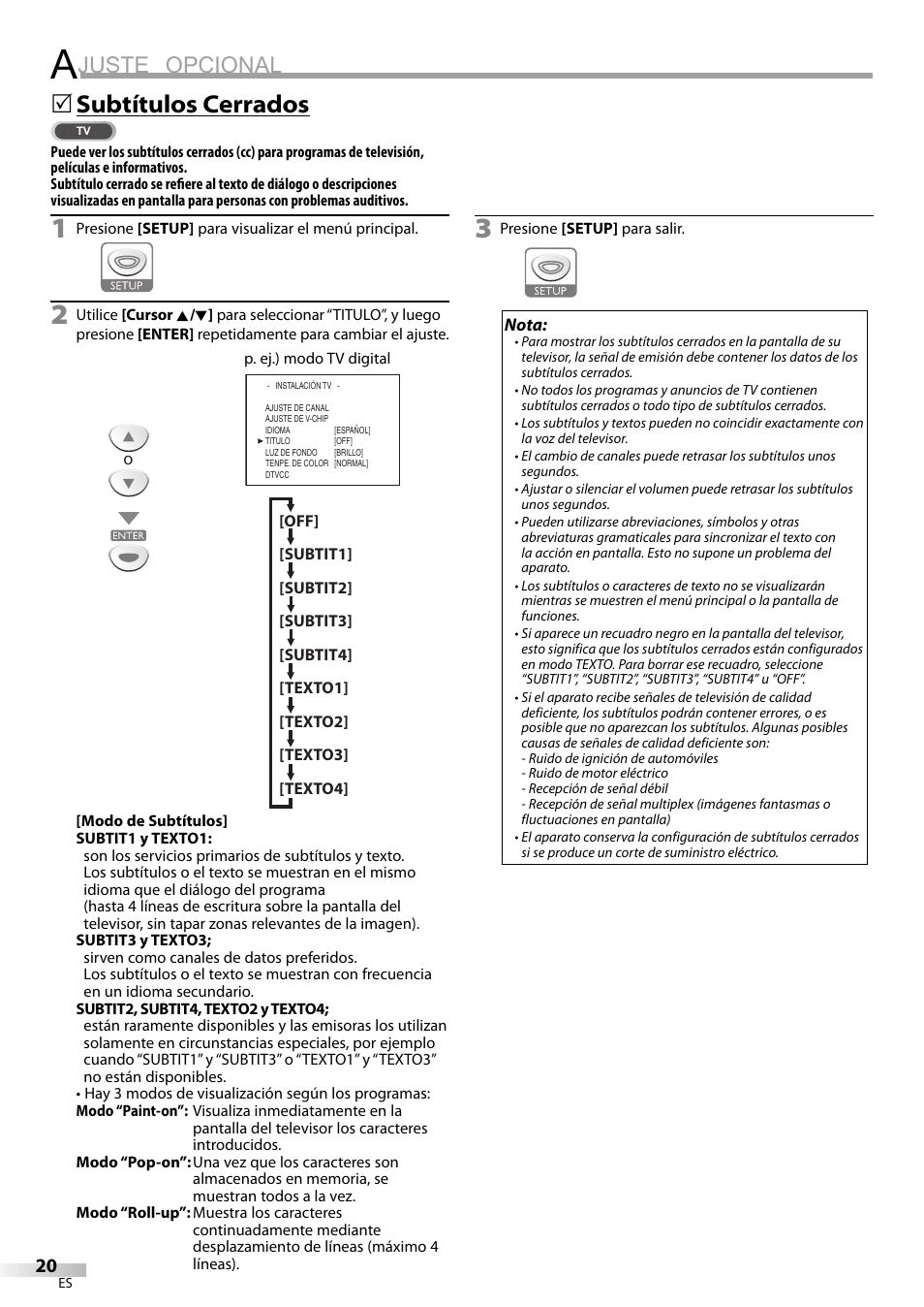 Juste opcional, Subtítulos cerrados | Sylvania LD200SL9 User Manual | Page 68 / 96