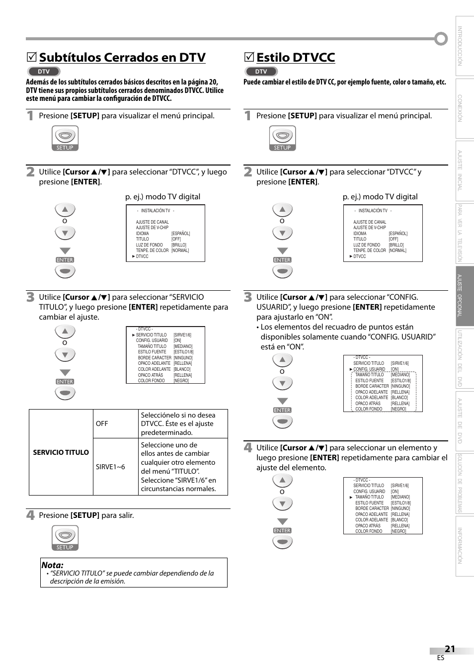 Subtítulos cerrados en dtv, 5estilo dtvcc, Nota | Sylvania LD200SL9 User Manual | Page 69 / 96