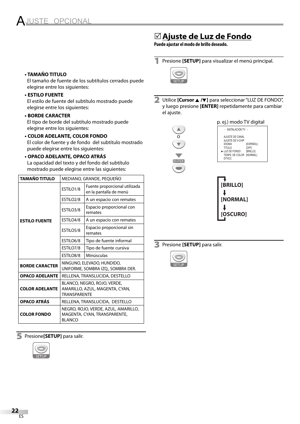 Juste opcional, Ajuste de luz de fondo | Sylvania LD200SL9 User Manual | Page 70 / 96