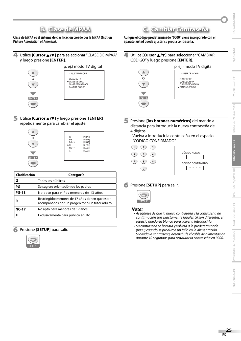 B. clase de mpaa, C. cambiar contraseña | Sylvania LD200SL9 User Manual | Page 73 / 96