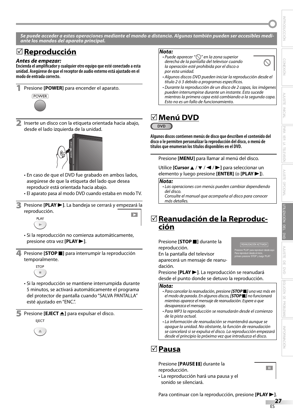 Reproducción, Menú dvd, Reanudación de la reproduc- ción | Pausa | Sylvania LD200SL9 User Manual | Page 75 / 96