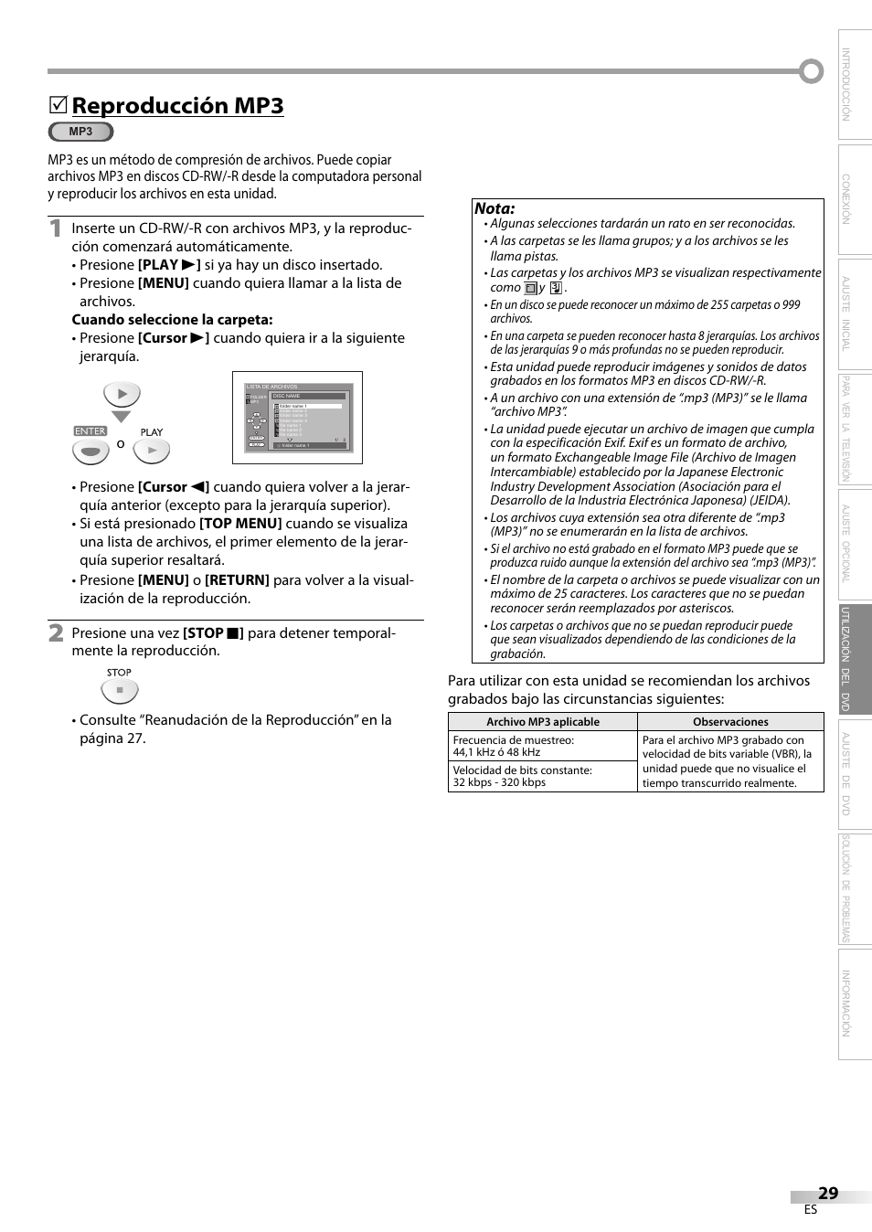 Reproducción mp3, Nota | Sylvania LD200SL9 User Manual | Page 77 / 96