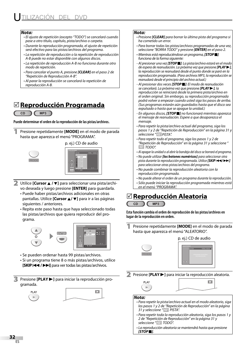 Tilización del dvd, Reproducción programada, Reproducción aleatoria | Nota | Sylvania LD200SL9 User Manual | Page 80 / 96