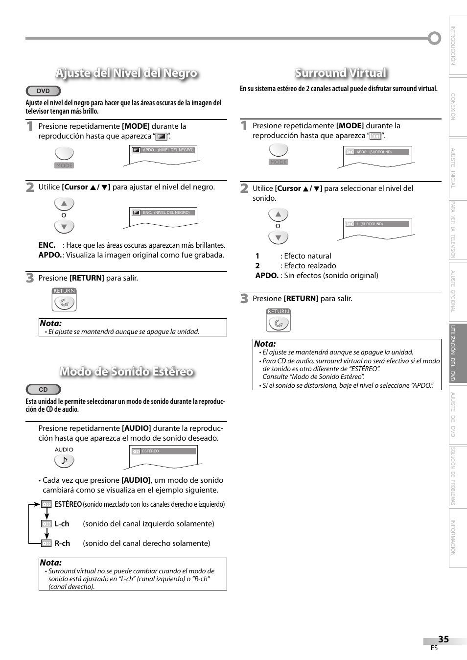 Ajuste del nivel del negro, Modo de sonido estéreo, Surround virtual | Sylvania LD200SL9 User Manual | Page 83 / 96