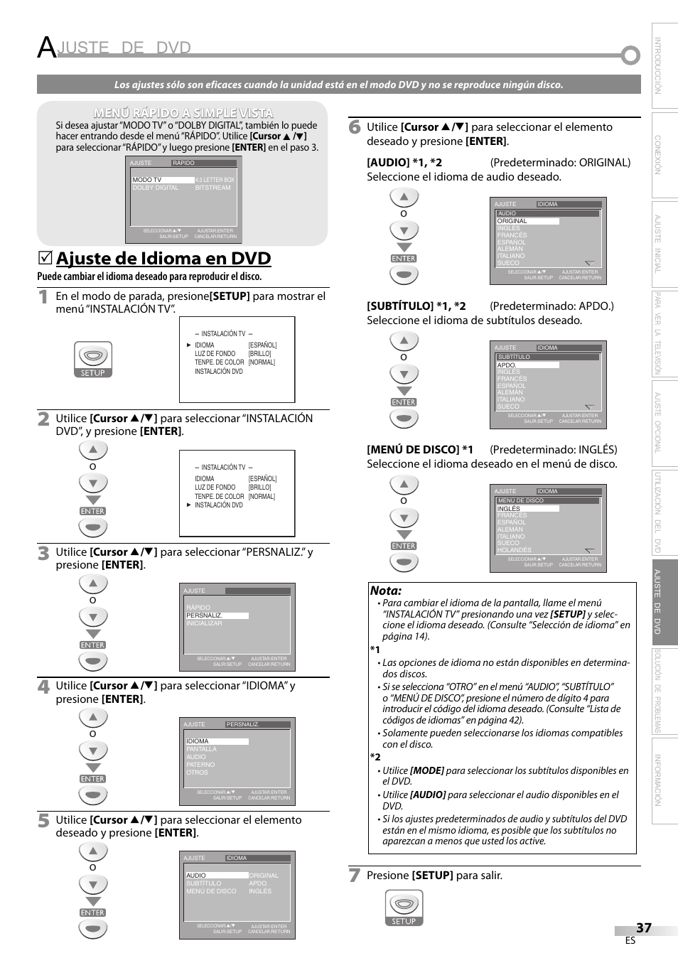 Juste de dvd, Ajuste de idioma en dvd, Menú rápido a simple vista | Nota, Presione [setup] para salir | Sylvania LD200SL9 User Manual | Page 85 / 96